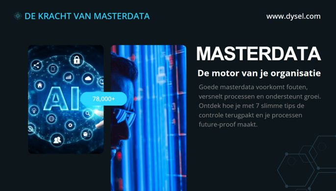 Master data visualized as the engine of the organization, with AI icons and central data management as the foundation for efficient processes and digital growth.