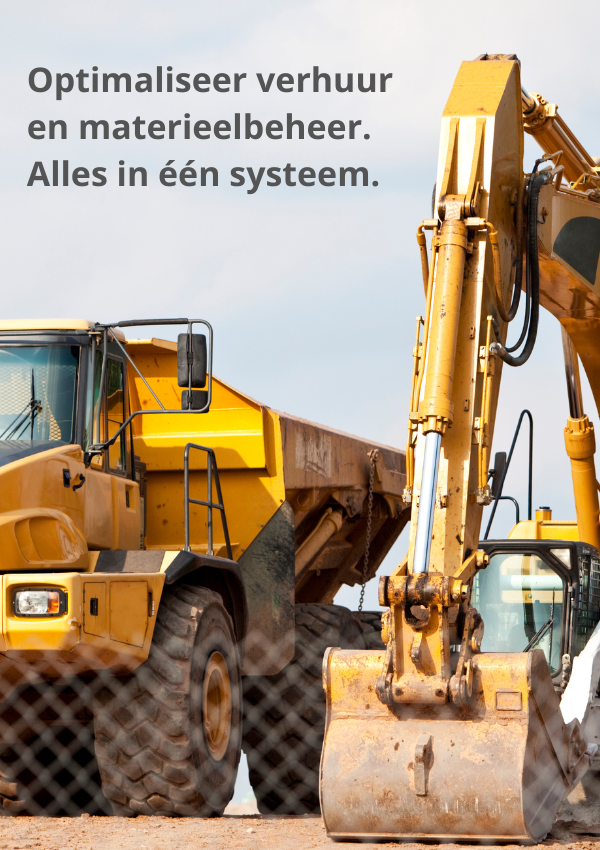 Verhuurbedrijven optimaliseren materieelbeheer met Dysel ERP – graafmachine en dumptruck als symbool voor efficiënt equipmentbeheer