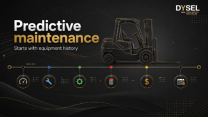 Visual over predictive maintenance met een heftruck en iconen voor gebruik, service, onderdelen, kosten en planning.