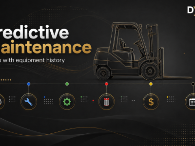Visuals for predictive maintenance with a forklift and icons for usage, service, parts, costs, and planning.